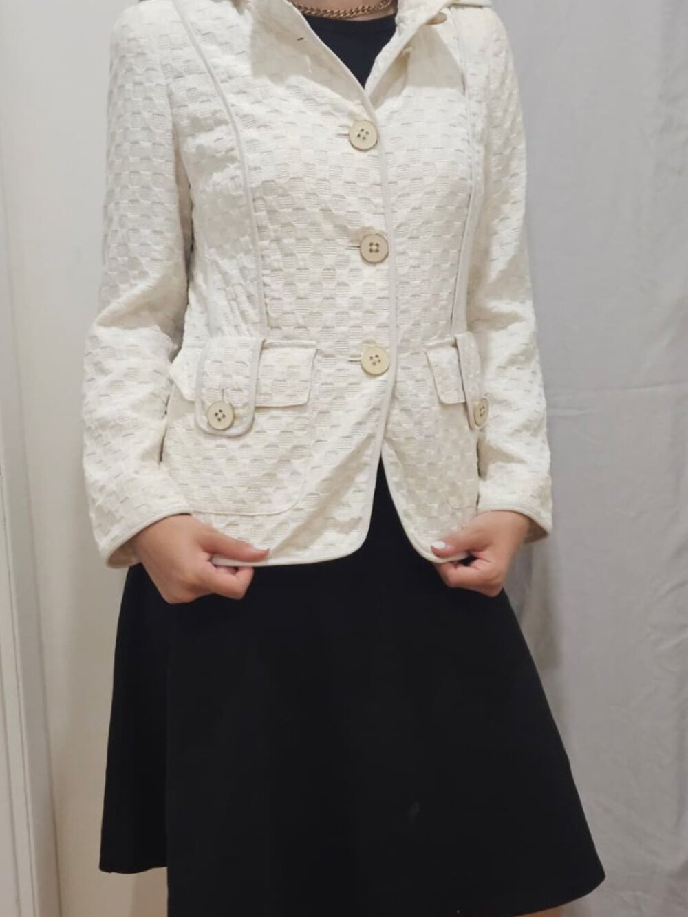 St. John Cream Textured Button-Front Blazer